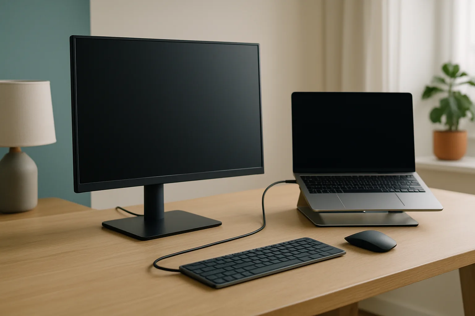 Externer Monitor neben einem Laptop am Schreibtisch