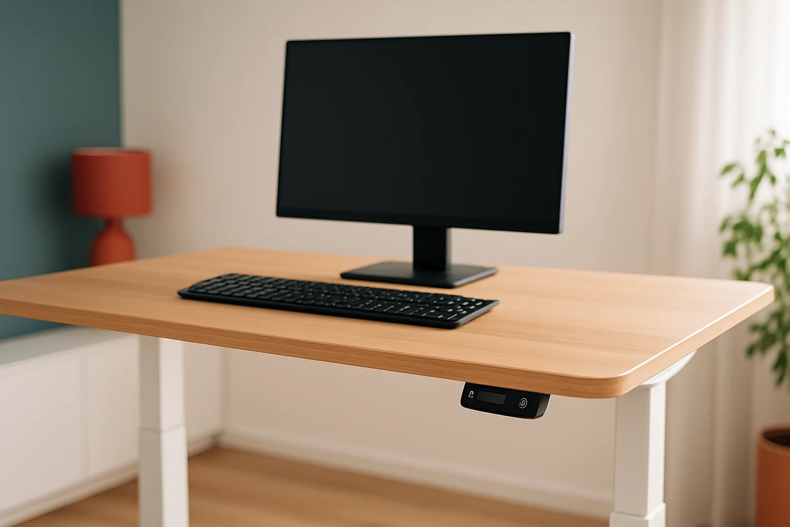 Höhenverstellbarer Schreibtisch in Stehposition im Arbeitszimmer