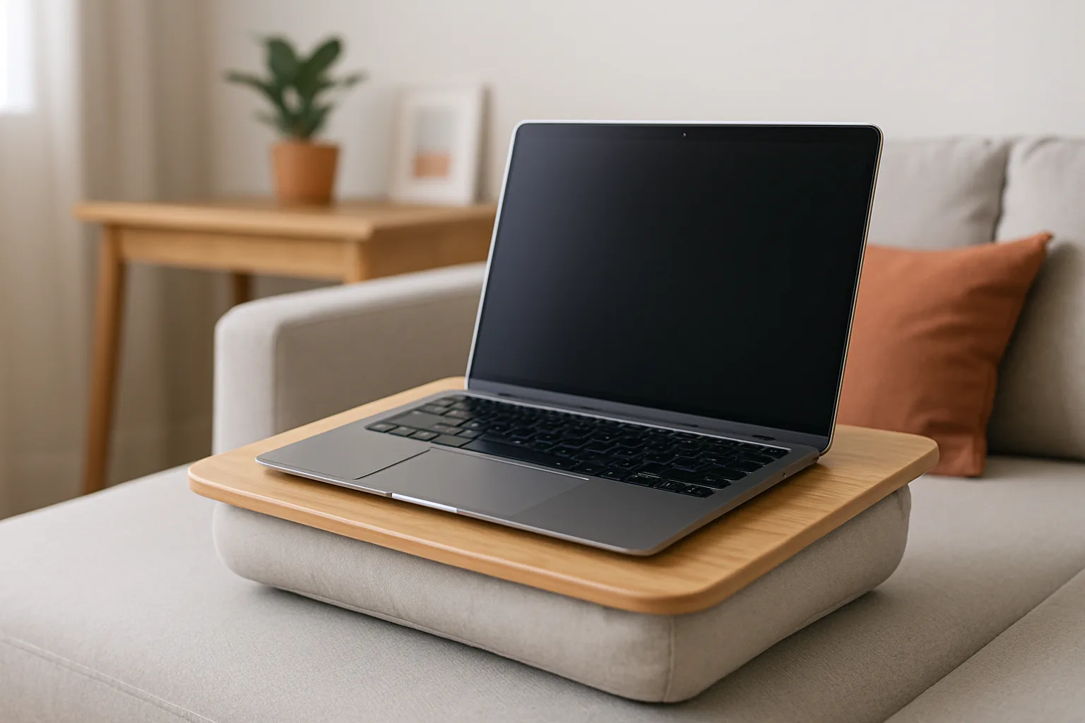 Laptop auf einem Laptopkissen auf dem Sofa
