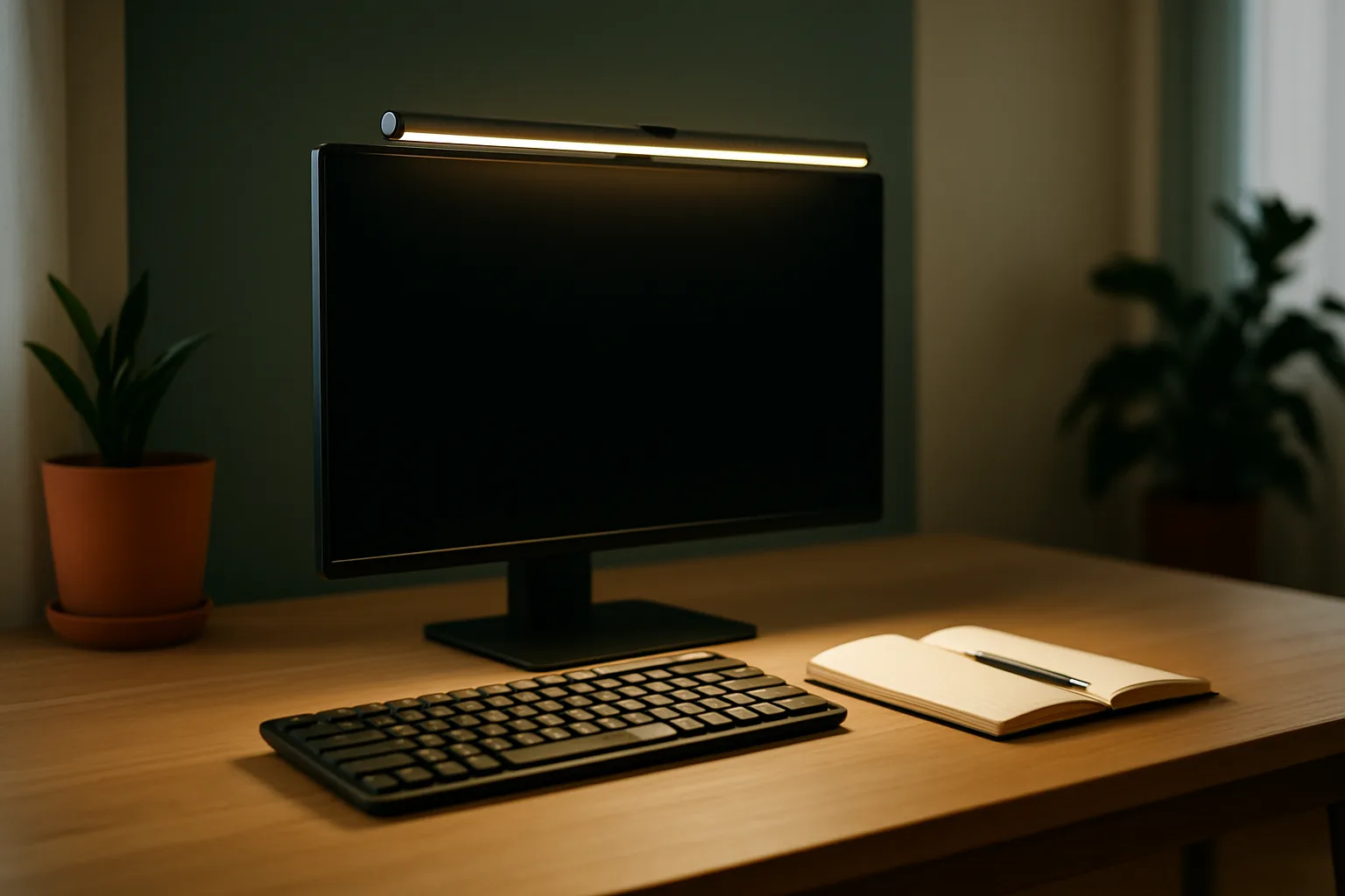 Monitorlampe auf einem Bildschirm beleuchtet die Tastatur