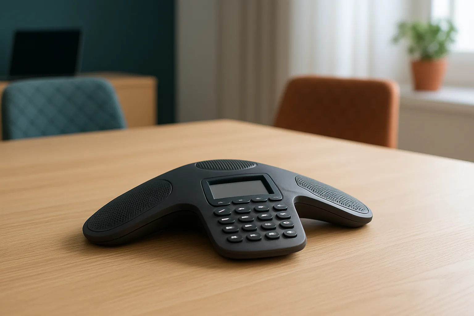Konferenztelefon auf einem Tisch im Homeoffice