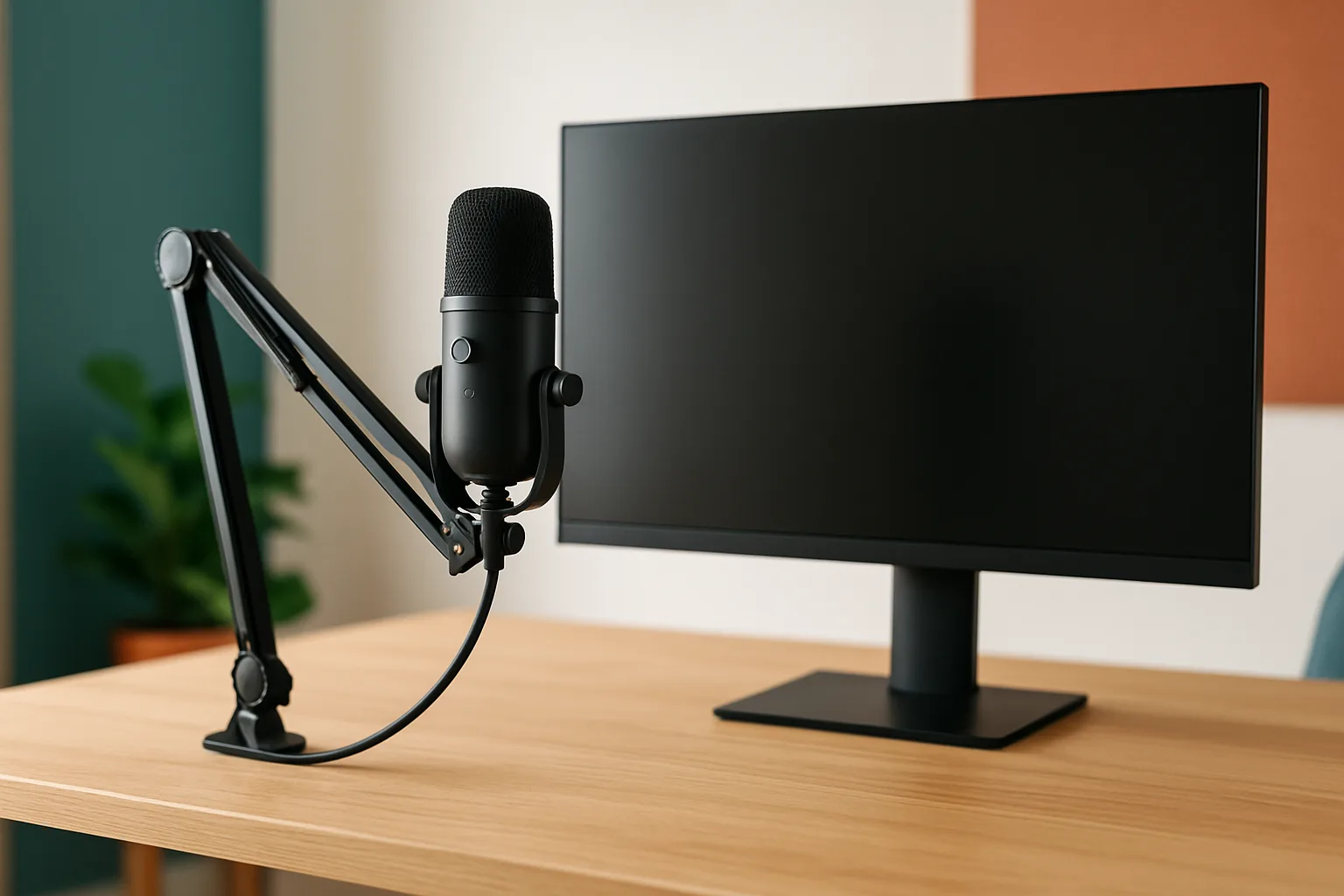USB-Mikrofon an einem Mikrofonarm am Schreibtisch