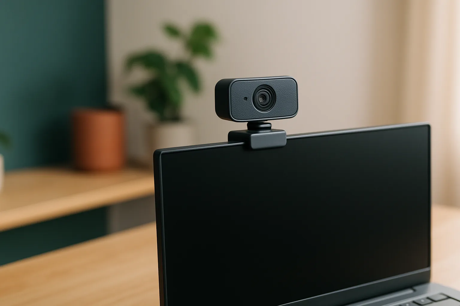 Webcam auf dem Monitor eines Homeoffice-Arbeitsplatzes