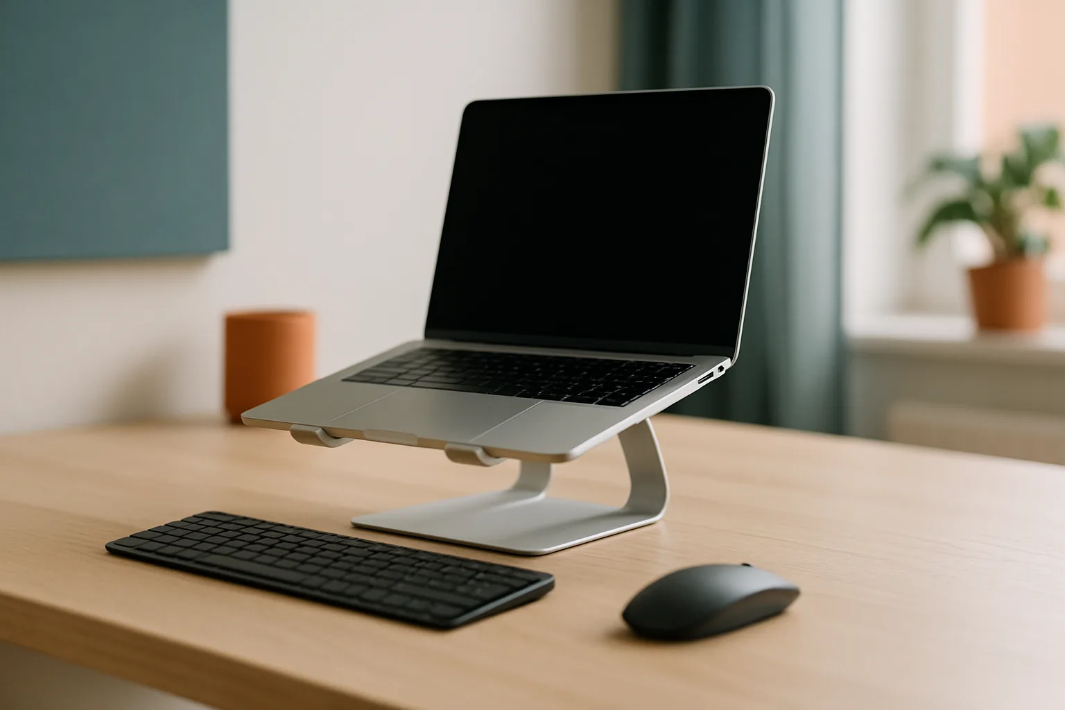Laptop auf einem Aluminium-Laptopständer mit externer Tastatur