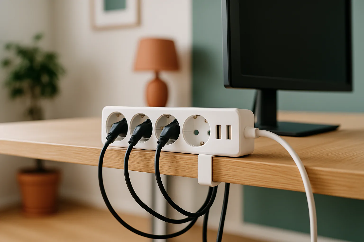 Steckdosenleiste mit USB-Anschlüssen am Schreibtisch