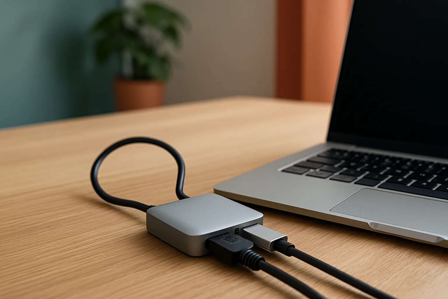 USB-C-Hub mit angeschlossenen Kabeln am Laptop
